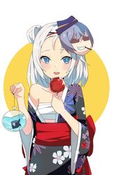  bad_id bad_pixiv_id bag bagged_fish bangs_pinned_back black_kimono blue_eyes blush breasts bubble candy_apple character_mask collarbone commentary_request dinergate_(girls&#039;_frontline) eating eyewear_on_head female fish floral_print food girls&#039;_frontline grey_hair hair_bun highres holding holding_food japanese_clothes kimono looking_at_viewer mask mask_on_head mp5_(girls&#039;_frontline) mp5_(sleepless_begonias)_(girls&#039;_frontline) obi official_alternate_costume open_clothes open_kimono open_mouth red_sash sangvis_ferri sarashi sash simple_background single_side_bun small_breasts smile solo standing sunglasses tareme thompson_(girls&#039;_frontline) ururu water white_hair wide_sleeves yukata 