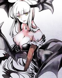  alternate_color alternate_eye_color bare_shoulders bat_(animal) bat_wings breasts cleavage commentary female head_wings large_breasts leotard long_hair looking_at_viewer morrigan_aensland panda=hiro pantyhose solo vampire_(game) white_hair wings yellow_eyes 