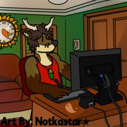  1:1 afternoon anthro biceps black_nose clock clothed clothing computer conditional_dnp deer desk digital_media_(artwork) drawing_pad drawing_tablet electronics furniture gem horn inside jewelry male mammal necklace notkastar solo spirit.wolf_(character) table text vertical_bar_eyes 