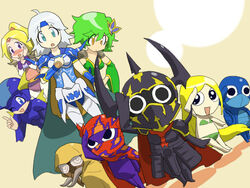  1boy 2girls bad_id bad_pixiv_id bald barbariccia blonde_hair blue_eyes blush cagnazzo cape cecil_harvey final_fantasy final_fantasy_iv golbez green_hair kain_highwind keroro_gunsou long_hair math-major multiple_girls one_eye_closed parody purple_eyes rosa_farrell rubicante rydia_(ff4) salute scarmiglione white_hair yellow_eyes 