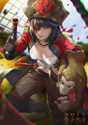  2016 black_hair black_light breasts chinese_commentary chinese_new_year cleavage coat commentary_request eyepatch female gloves gun highres looking_at_viewer medium_breasts monkey original pirate red_eyes solo sword weapon 