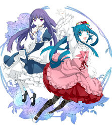  2girls blue_eyes blue_hair bow commentary_request dress finger_to_mouth floral_print flower frederica_bernkastel furudo_erika hair_flower hair_ornament long_sleeves mary_janes multiple_girls open_mouth pantyhose pink_bow print_pantyhose purple_eyes rapizuri rose shoes smirk twintails umineko_no_naku_koro_ni waving white_legwear 