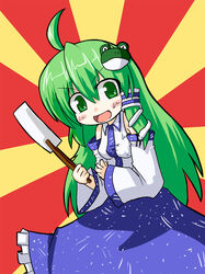  :d ahoge asuka_tsubasa blush bras_d&#039;honneur commentary_request detached_sleeves female frog green_eyes green_hair kochiya_sanae long_hair mageres meme neta open_mouth painttool_sai_(medium) skirt smile snake solo sunburst sunburst_background touhou 