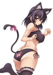  animal_ears ass back-print_panties bell black_hair black_panties black_thighhighs blush bra breasts cat_cutout cat_ear_panties cat_ears cat_lingerie cat_tail choker cleavage_cutout clothing_cutout commentary_request fake_animal_ears female frilled_thighhighs frills hairband jingle_bell konohana_enishi large_breasts looking_at_viewer meme_attire no_shoes original panties paw_pose paw_print print_panties purple_eyes ribbon sengoku_aky short_hair side-tie_panties solo tail tail_ornament tail_ribbon thighhighs underwear underwear_only 