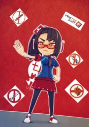  bangs blush crossed_out english glasses hamster highres internet_positif ipo-chan necktie pantyhose red-framed_eyewear red_background red_eyes sidelocks simple_background skirt solo thighhighs vusiuz 