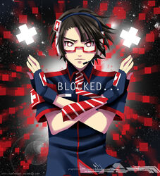  1boy black_hair collared_shirt commentary english_commentary genderswap_(ftm) glasses headphones internet_positif ipo-chan looking_at_viewer male_focus necktie red-framed_eyewear red_eyes rule_63 sartika3091 semi-rimless_eyewear shirt solo space sunlight symbol-shaped_pupils under-rim_eyewear watermark web_address 