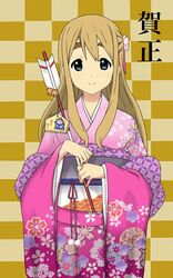  arrow_(projectile) checkered_background commentary_request ema female floral_print furisode hamaya happy_new_year japanese_clothes k-on! kanoko_(pattern) kimono kotobuki_tsumugi nekonopapa new_year obi obiage obijime sash seigaiha shippou_(pattern) solo translated 