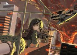  ah-1z_viper aircraft anti-materiel_rifle backpack bad_id bad_pixiv_id bag barrett_m82 bipod black_hair building city cityscape explosion female fire green_eyes gun hair_ornament handgun harumaki_haruki helicopter holster looking_back lying midriff miniskirt motion_blur on_stomach railing rifle school_bag scope skirt skyscraper sniper_rifle solo thigh_strap thighhighs weapon zettai_ryouiki 