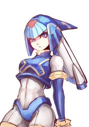  android arm_behind_back blue_eyes bracelet breasts capcom chinese_commentary commentary crop_top ct_wind fairy_leviathan_(mega_man) female helmet jewelry medium_breasts mega_man_(series) mega_man_zero_(series) photoshop_(medium) robot_girl simple_background solo white_background 