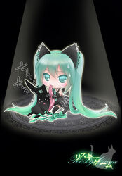  aqua_eyes aqua_hair bad_id bad_pixiv_id cat_tail chibi female hatsune_miku highres holding_another&#039;s_tail itto_maru kemonomimi_mode long_hair ribbon risky_game_(vocaloid) sitting solo stuffed_animal stuffed_toy sucking_another&#039;s_tail sweatdrop tail tail_grab twintails vocaloid 