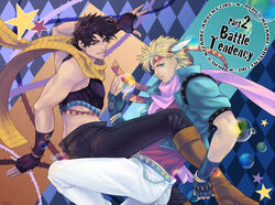  2boys argyle_background black_hair blonde_hair blue_eyes blue_jacket boots bubble caesar_anthonio_zeppeli commentary_request crop_top curre facial_mark fingerless_gloves gloves green_eyes headband hermit_purple jacket jojo_no_kimyou_na_bouken joseph_joestar joseph_joestar_(young) midriff multiple_boys plant scarf stand_(jojo) thorns vines 