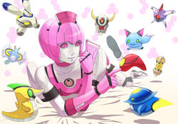  android bed_sheet choker colored_skin commentary elenor_camuel facing_viewer female foot_up headdress honeycomb_(pattern) honeycomb_background joints looking_at_another lying mag_(phantasy_star) on_stomach pale_skin phantasy_star phantasy_star_online photoshop_(medium) pink_eyes pink_hair racaseal robot_joints sato_(phantasy_star) shigumo_(shigeru) simple_background smile white_skin 