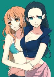  2girls bangs bikini_top black_hair blue_eyes blue_shirt breasts brown_eyes cleavage collarbone crop_top curry_gohan eyelashes hair_slicked_back large_breasts long_hair medium_breasts midriff multiple_girls nami nami_(one_piece) nico_robin nnk_karemeshi no_bra no_glasses one_piece orange_hair pants parted_lips pink_skirt sarong shirt short_sleeves simple_background skirt smile upper_body zipper 