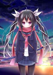  ahoge black_hair black_pantyhose blush buttons cloud cloudy_sky commentary_request cowboy_shot enpera esureki female hair_ribbon hands_in_pockets katana lens_flare long_hair long_sleeves looking_at_viewer neckerchief original outdoors pantyhose pink_neckerchief pink_scarf pleated_skirt purple_eyes ribbon scarf school_uniform serafuku silver_ribbon skirt sky smile solo star_(sky) straight-on sunset sweater sword twintails weapon 