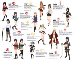  6+girls :d :o akemiho_tabi_nikki armor bike_shorts black_hair black_legwear blonde_hair blue_eyes blush breasts brown_hair character_chart character_name claws cleavage commentary_request dress_shirt dual_wielding everyone fujibayashi_sora fukube_fuuna fukube_tamaki fundoshi gendai_ninjakko_zukan glasses hair_bobbles hair_ornament hair_ribbon highres holding hoshino_seia japanese_armor japanese_clothes kashima_shizuru_(akemiho_tabi_nikki) kiryu_takako knife kote kouno_hikaru loafers looking_at_viewer loose_socks medium_breasts mochizuki_nozomi momochi_momoka momochi_yurika multiple_girls navel ninja ninjatou open_mouth pantyhose pleated_skirt reference_sheet ribbon sandals scarf school_swimsuit school_uniform shikibe_takao shirt shoes short_hair short_sword shuriken siblings simple_background sisters skirt smile socks suneate swimsuit swimsuit_under_clothes sword takeguro_rara tantou thighhighs toeless_legwear togakushi_tsukiho tonomura_ruri translation_request twins twintails v-shaped_eyebrows weapon whip white_background 