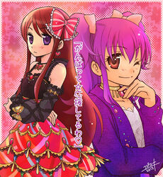  2girls ;) aikatsu! aikatsu!_(series) bad_id bad_pixiv_id bow brooch brown_eyes brown_hair choker crossed_arms detached_sleeves dress earrings hairbow halftone head_rest heart heart_earrings jacket jewelry long_hair minowa_hikari multiple_girls one_eye_closed pink_hair purple_eyes shibuki_ran smile twintails yuzumina 