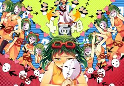  3103vv abstract commentary_request female flower goggles goggles_on_head green_eyes green_hair gumi hair_flower hair_ornament heart highres juu_mensou_(vocaloid) mask multiple_persona short_hair tears translation_request unmoving_pattern vocaloid 