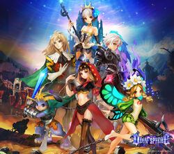  2boys 3girls armor ascot bare_shoulders barefoot belt black_armor black_ascot black_belt black_eyes blonde_hair blue_flower blue_gemstone blue_wings braid breastplate breasts brown_legwear building cape castle center_frills chains choker cleavage closed_mouth cloud collarbone company_name copyright_name cornelius_(odin_sphere) crop_top crossbow detached_sleeves elbow_gloves fairy faulds feathered_wings fighting_stance fire flaming_hand flats flower frilled_legwear frills frown full_armor fur gem glint gloves green_cape gwendolyn_(odin_sphere) hair_flower hair_ornament half-closed_eyes hand_on_own_chest highres hip_focus hirai_yukiko holding holding_staff holding_sword holding_weapon hood impossible_clothes jewelry leg_up light_particles logo long_hair long_pointy_ears long_sleeves looking_afar looking_at_viewer loose_belt low_wings medium_breasts mercedes_(odin_sphere) midriff mountainous_horizon multiple_boys multiple_girls navel neck_ring odin_sphere official_art oswald_(odin_sphere) outdoors parted_bangs pauldrons pointy_ears polearm pooka_(odin_sphere) puffy_long_sleeves puffy_sleeves purple_fire red_eyes red_gemstone ribbed_legwear shoes short_hair shoulder_armor showgirl_skirt skirt sky small_breasts spear staff standing standing_on_one_leg star_(symbol) strapless sword thighhighs tiara tree twin_braids v-shaped_eyebrows vambraces vanillaware velvet_(odin_sphere) weapon white_flower white_footwear white_gloves white_hair wings zettai_ryouiki 