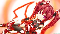  blush elbow_gloves flat_chest gloves gradient_hair hair_ornament highres holding holding_hair leotard long_hair mitsuka_souji multicolored_hair ore_twintail_ni_narimasu purple_eyes red_hair rule_63 shiraki_kuroha tail_red tailred thighhighs twintails very_long_hair 