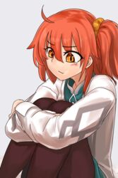  :t ahoge black_pantyhose chaldea_uniform commentary cosplay crying fate/grand_order fate_(series) female fujimaru_ritsuka_(female) gloves hands_on_own_knees i-pan knees_to_chest knees_together_feet_apart knees_up lab_coat one_side_up orange_hair orange_scrunchie pantyhose pout romani_archaman romani_archaman_(cosplay) sad scrunchie short_hair sitting solo tearing_up tears v-shaped_eyebrows yellow_eyes 