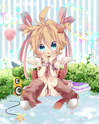  1boy ahoge bad_id blonde_hair blue_eyes blush book boy crossdressing crossdressing hair_ornament hair_ribbon heart hyerry kagamine_len lolicon male male_focus oerba_yun_fang ponytail ribbon short_hair smile solo speaker speakers touyama_soboro trap vocaloid wings 