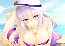  aqua_eyes bad_id bad_pixiv_id bikini breasts cleavage commentary_request female gundam gundam_exa hat large_breasts long_hair multicolored_hair ocean solo sthesia_awar_nono swimsuit touwa two-tone_hair white_hair 