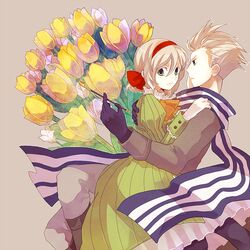  1boy :3 axis_powers_hetalia bad_id bad_pixiv_id belgium_(hetalia) blonde_hair bouquet brother_and_sister coat dress female flower gloves green_eyes hair_ribbon kiseru nana_(nanalog76) netherlands_(hetalia) ribbon scarf siblings smoking_pipe striped_clothes striped_scarf tulip 