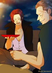  2boys artist_name ben_beckman closed_eyes curry_gohan drink earring earrings jacket_on_shoulders jewelry male male_focus mouth_hold multiple_boys night nnk_karemeshi one_piece open_mouth red_hair saucer scar shanks sitting smile 