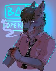  anthro blood bodily_fluids canid canine canis cigarette clothed clothing fur hair hi_res jackal jeanwoof male mammal necktie smoke smoking solo standing viktor_(viktorgorchev) 