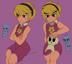  blonde_hair blush captain_kirb clenched_teeth collared_dress commentary crossed_arms d: dress female frown grim_(grim_adventures) hairband holding holding_skull looking_at_another looking_away looking_down mandy_(grim_adventures) md5_mismatch multiple_views open_mouth purple_background purple_dress purple_eyes short_hair simple_background sitting skull teeth the_grim_adventures_of_billy_&amp;_mandy upper_body 