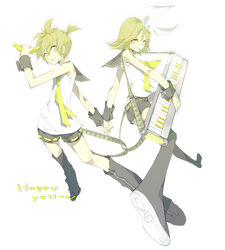  1boy bad_id bad_pixiv_id banana blonde_hair brother_and_sister female food fruit hair_ornament hair_ribbon hairclip instrument kagamine_len kagamine_rin keyboard_(instrument) ribbon short_hair shorts siblings smile tsujisaki_(coa3) twins vocaloid yellow_eyes 