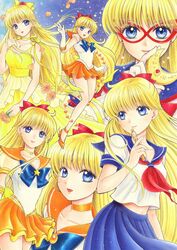  6+girls aino_minako bishoujo_senshi_sailor_moon bishoujo_senshi_sailor_moon_stars blonde_hair blue_bow blue_eyes blue_sailor_collar blue_skirt bow brooch choker circlet codename_wa_sailor_v commentary_request crescent crescent_compact_(sailor_moon) crescent_facial_mark dress elbow_gloves facial_mark flower glasses gloves heart heart_brooch high_heels jewelry jyan_borii long_hair magical_girl multiple_girls multiple_persona orange_choker orange_footwear orange_sailor_collar orange_skirt pen pleated_skirt princess_venus red_bow sailor_collar sailor_senshi sailor_senshi_uniform sailor_v sailor_venus school_uniform shiba_koen_middle_school_uniform shoes skirt star_(symbol) star_brooch super_sailor_venus super_sailor_venus_(stars) tiara venus_love_me_chain very_long_hair wand white_gloves yellow_bow 