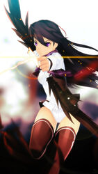  absurdres black_hair black_thighhighs bow_(weapon) commentary_request female hell_machina highres kuroki_rei long_hair national_shin_ooshima_school_uniform photoshop_(medium) purple_eyes scarf school_uniform short_shorts shorts solo thighhighs vividred_operation weapon white_shorts 