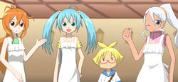  alice_gehabich apron bakugan bakugan_battle_brawlers blue_hair brown_skin dark_skin julie_hayward marukura_chouji misaki_runo ponytail twintails white_hair 