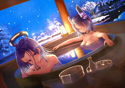  2girls arm_support armpits bath bathing blush breasts bucket choko_(cup) cleavage closed_eyes closed_mouth collarbone commentary_request cup dutch_angle floating floating_headgear floating_object hair_between_eyes hair_intakes halo head_rest headgear jug_(bottle) kantai_collection lantern light looking_at_viewer mechanical_halo medium_breasts mocha_(snowflake) multiple_girls nude outstretched_arms parted_hair partially_submerged photoshop_(medium) purple_eyes purple_hair reflection relaxing revision same-sex_bathing seductive_smile shared_bathing short_hair smile snow snowing spread_arms tatsuta_(kancolle) tenryuu_(kancolle) tokkuri tree upper_body water winter wooden_bucket 