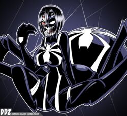  arachne arthropod_girl black_hair bodysuit breasts commentary_request cosplay crossover dankodeadzone extra_eyes female highres large_breasts marvel monster_girl monster_musume_no_iru_nichijou open_mouth rachnera_arachnera red_eyes sharp_teeth spider-man_(series) spider_girl symbiote taur teeth tongue venom_(marvel) venom_(marvel)_(cosplay) white_eyes 