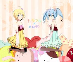  2girls ahoge aqua_eyes bad_id bad_pixiv_id blue_eyes blue_hair cheerful_candy_(module) colorful_drop_(module) colorful_x_melody_(vocaloid) detached_sleeves dress hatsune_miku kagamine_rin kneeling multiple_girls nattumi project_diva_(series) project_diva_2nd short_hair smile strapless strapless_dress thighhighs twintails vocaloid 