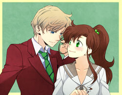  2girls androgynous bishoujo_senshi_sailor_moon bishoujo_senshi_sailor_moon_s blazer blonde_hair blue_eyes blush border brown_hair commentary_request green_background jacket kino_makoto kino_makoto&#039;s_school_uniform mugen_gakuen_school_uniform multiple_girls necktie ponytail reverse_trap sagami_(liars) school_uniform serafuku short_hair ten&#039;ou_haruka twirling_hair upper_body very_short_hair 