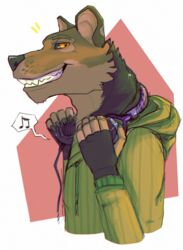  anthro clothed clothing dasyuromorph electronics extinct headphones jeanwoof looking_at_viewer male mammal marsupial recently_extinct_species smile solo standing thylacine 