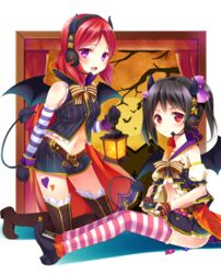  2girls bat_wings belt black_hair blush boots bow cape commentary_request detached_sleeves fingerless_gloves gloves halloween happy headset horns kneeling lantern looking_at_viewer love_live! love_live!_school_idol_project multiple_girls natsuki_shuri navel nishikino_maki open_mouth purple_eyes red_eyes red_hair short_hair skirt smile striped_clothes striped_gloves striped_thighhighs thigh_boots thighhighs twintails wings yazawa_nico 