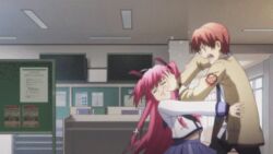  angel_beats! angry animated animated animated annoyed bag brown_eyes can cap chains coffee cuffs hair_ornament hair_ornaments hairclip hairclips handbag happy oerba_yun_fang orange_hair otonashi_(angel_beats!) pink_eyes pink_hair push pushing school_uniform screencap sparkle sparkles tail wiggle wiggling yui_(angel_beats!) 