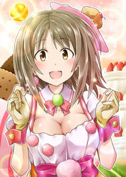  :d blush breasts brown_eyes brown_hair cake candy commentary_request cookie dessert detached_collar earrings female food fruit gloves hair_ornament highres idolmaster idolmaster_cinderella_girls jewelry kamelie large_breasts lollipop looking_at_another mimura_kanako open_mouth ribbon short_hair smile solo sparkle strawberry sweet2_happy_(idolmaster) sweets wrist_cuffs 