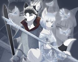  5:4 amber_eyes anthro arctic_fox armor asian_clothing asian_mythology black_body black_fur canid canine clothing duo east_asian_clothing east_asian_mythology female fox fur hair holding_melee_weapon holding_object holding_sword holding_weapon japanese_clothing japanese_mythology kimono lawkie looking_at_viewer magic_user male mammal melee_weapon mythology nioh silver_hair staff sword true_fox warrior weapon white_body white_eyes white_fur white_hair yokai yuki-onna 