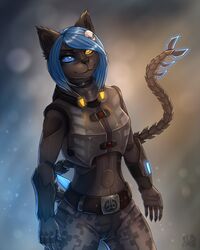  2017 5_fingers alternative_fashion anthro avoid_posting belt black_nose blue_eyes blue_hair blurred_background clothed clothing cyber_(disambiguation) domestic_cat felid feline felis female fingers fully_clothed grey_background hair heterochromia hettie hi_res looking_at_viewer machine mammal military punk robot sharp_teeth simple_background smile solo standing teeth trouser yellow_eyes 