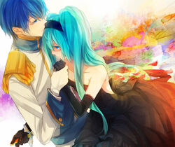  1boy aqua_eyes aqua_hair bare_shoulders blue_eyes blue_hair cendrillon_(vocaloid) commentary_request crying crying_with_eyes_open dress elbow_gloves female formal gloves hairband hatsune_miku hiyoyogi holding_hands kaito_(vocaloid) long_hair strapless strapless_dress tearing_up tears vocaloid weapon 