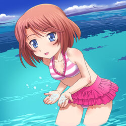  :d bikini bikini_skirt blue_eyes blush body_blush breasts brown_hair cardfight!!_vanguard cloud commentary_request cowboy_shot cupping_hands day female frilled_bikini frills from_side layered_skirt leaning_forward looking_at_viewer meow_(nekodenki) ocean open_mouth outdoors own_hands_together sendou_emi short_hair skirt sky small_breasts smile solo striped_bikini striped_clothes swimsuit wading water 