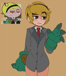  blonde_hair bottomless brown_eyes captain_kirb collared_shirt commentary dress_shirt female gloves green_gloves grey_shirt hairband looking_down mandy_(grim_adventures) md5_mismatch multiple_views necktie raised_eyebrow red_necktie sepia_background shirt short_hair simple_background the_grim_adventures_of_billy_&amp;_mandy thigh_gap thighs upper_body 