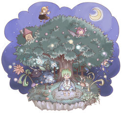  4girls antennae bat_(animal) blonde_hair blue_eyes blue_hair bow cape chibi cirno commentary_request crescent_moon dress flower green_hair hairbow highres horns house kaminendo md5_mismatch moon multiple_girls mushroom mystia_lorelei night rabbit rumia single_horn swing team_9_(touhou) touhou tree wings wriggle_nightbug 