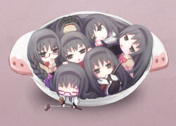  6+girls :&lt; akemi_homura akemi_homura_(magical_girl) arie9 bad_id bad_pixiv_id black_eyes black_hair blush_stickers bow braid chibi closed_eyes glasses golf_club hairband jitome kyuubee mahou_shoujo_madoka_magica mahou_shoujo_madoka_magica_(anime) mitakihara_school_uniform multiple_girls multiple_persona neko_nabe pantyhose plaid plaid_skirt red-framed_eyewear school_uniform skirt spoilers too_many twin_braids 