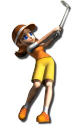  azalea_(mario_golf) blue_eyes brown_hair female golf_club hat lips lowres mario_golf mario_golf:_gba_tour nintendo official_art shorts solo 